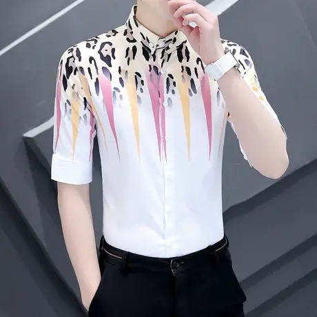 潮牌夏装短袖男痞帅韩版衬衫七分袖ins个性渐变色豹纹中袖衬衣服商品大图