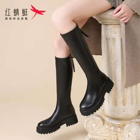红蜻蜓显瘦靴子女长筒靴2023新款高筒骑士靴弹力瘦瘦皮靴长靴冬季商品大图