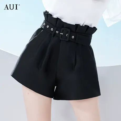 AUI黑色高腰阔腿短裤女2023夏季新款气质时尚休闲显高显瘦裤子图片