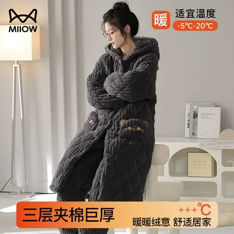 猫人珊瑚绒睡衣冬季女三层夹棉加绒加厚法兰绒卡通小猫睡袍家居服商品大图