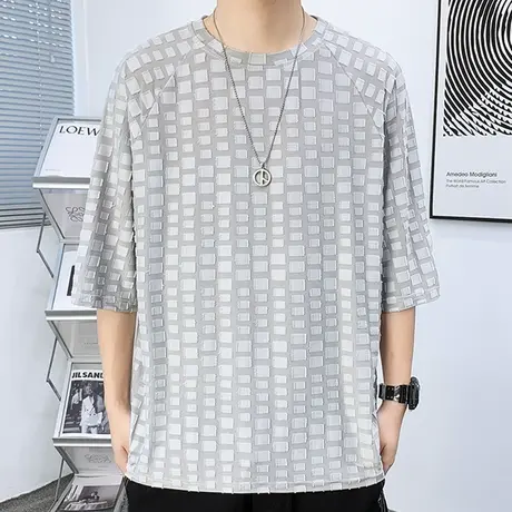 重工提花短袖男夏季冰丝凉感潮重磅半袖男t恤青少年五分中袖体恤商品大图