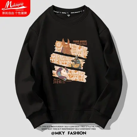 复古壁画涂鸦印花圆领卫衣男2023新款春秋宽松美式无帽长袖上衣潮图片