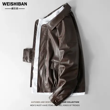 高街复古棕色皮衣外套男女春秋季潮牌廓型机车服PU皮情侣款夹克潮商品大图