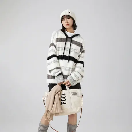 美式复古条纹连帽毛衣女秋冬2023新款宽松款套头外穿针织衫上衣潮商品大图