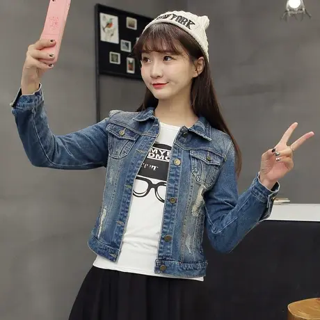 牛仔外套女短款修身韩版潮显瘦学生长袖春秋牛仔服上衣破洞大码01商品大图