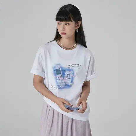 omont蛋挞家 复古印花白色短袖T恤女夏季薄款设计感小众宽松上衣商品大图