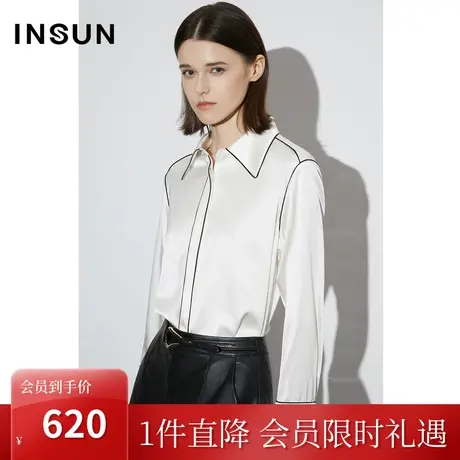 恩裳COVER2023年早春简约优雅乳白色衬衫人丝弹力缎舒适高级衬衣商品大图