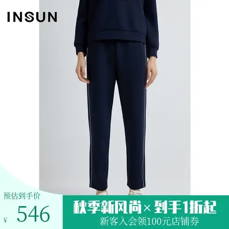 恩裳春秋季简约撞色线条舒适松紧腰百搭直筒休闲裤图片