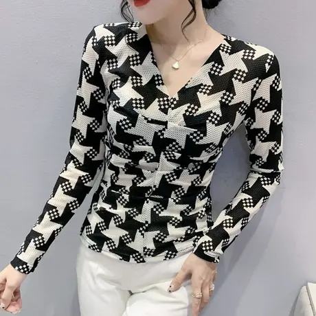 性感V领打底衫女春秋欧货印花网纱T恤长袖2023新款洋气内搭上衣潮图片