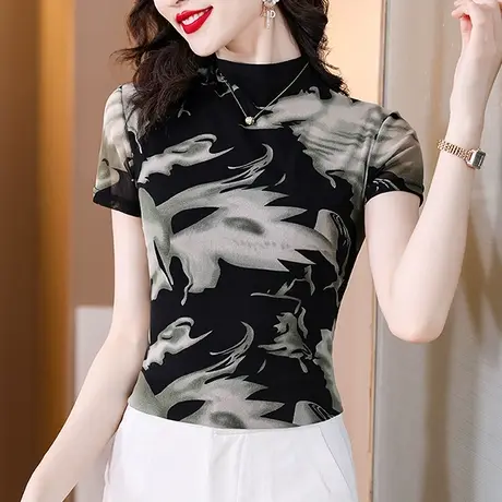 印花网纱短袖T恤女士夏季新款复古气质修身上衣时尚漂亮减龄小衫图片