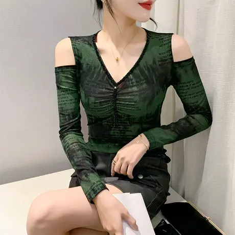 性感镂空T恤女长袖设计感褶皱扎染印花V领上衣洋气修身透气打底衫商品大图