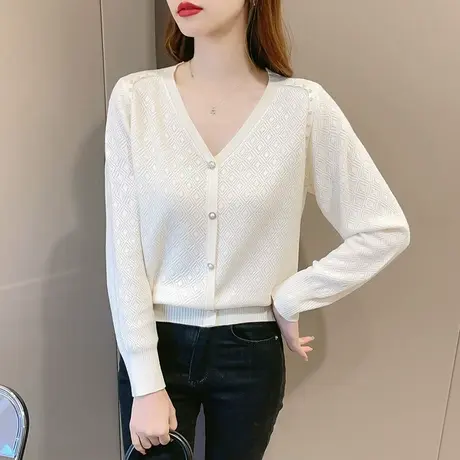 秋装2023年新款夏季防晒针织开衫薄款外套外搭冰丝长袖v领上衣女商品大图