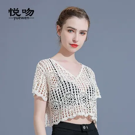 棉质钩花镂空套头罩衫女夏短款上衣2023新款宽松短袖蕾丝衫小坎肩图片