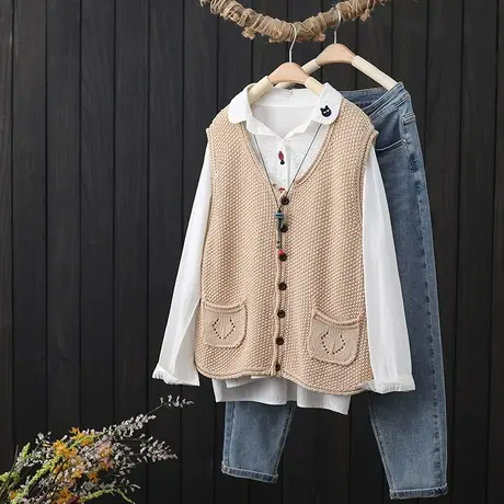 棉线针织开衫马甲女装2023春季新款复古宽松无袖外穿坎肩马夹背心商品大图