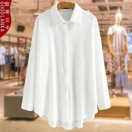 中年40-50岁妈妈白色衬衫中长款压皱上衣春秋款加肥加大码女衬衣商品大图