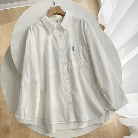 秋装港风韩版宽松长袖百搭口袋刺绣白色衬衫女中长款外套休闲上衣图片