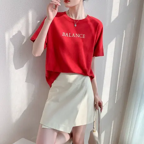 纯棉短袖T恤女2023夏季新宽松韩版半袖上衣字母圆领全棉百搭体恤商品大图