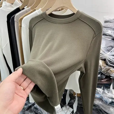 设计感圆领加薄绒加厚长袖T恤女2022秋冬新款洋气内搭打底衫上衣商品大图