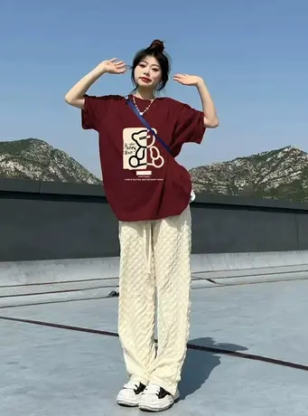 2023新款女装短袖t恤夏季美式复古港味chic潮牌宽松正肩显瘦上衣商品大图