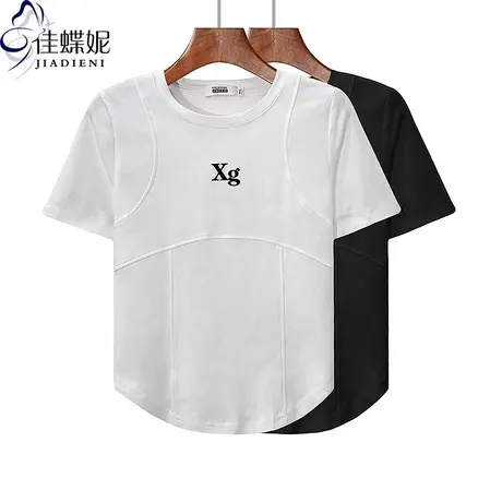 夏季新款圆领修身圆弧纯欲短款纯棉印花拼接短袖体恤上衣女打底衫商品大图