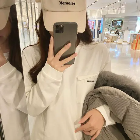 纯棉chic早秋长袖t恤女韩版宽松ins潮纯色打底衫bf白色设计感上衣商品大图