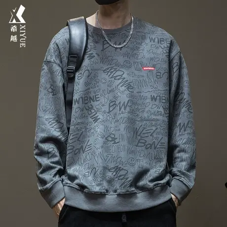 2023秋冬新款设计感满印无帽卫衣男加绒加厚宽松大码胖子男士外套商品大图