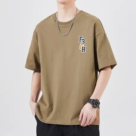 纯棉卡其色短袖夏季无领t恤男士圆领体恤男装半截袖上衣男款夏天商品大图