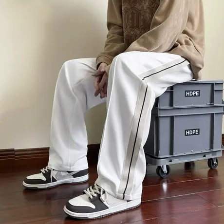 黑色条纹休闲长裤男夏季宽松直筒裤子美式潮牌ins大码阔腿运动裤商品大图