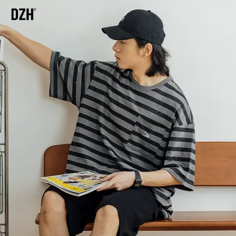 男士条纹t恤男短袖夏季薄款百搭宽松男生衣服2023新款半袖体恤衫商品大图