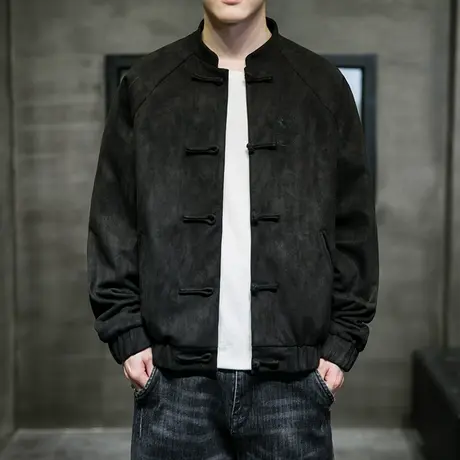 新中式麂皮绒立领盘扣夹克男唐装青年中山装刺绣中国风国潮外套商品大图