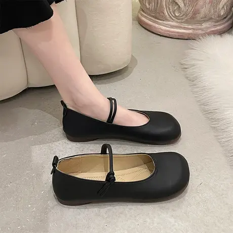 方头一字带扣软底单鞋女2023春季浅口搭百舒适玛丽珍鞋平底豆豆鞋商品大图