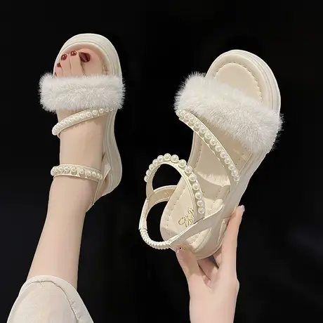 凉鞋女夏季厚底露趾珍珠毛毛鞋2023年新款仙女风配裙子罗马女鞋子商品大图