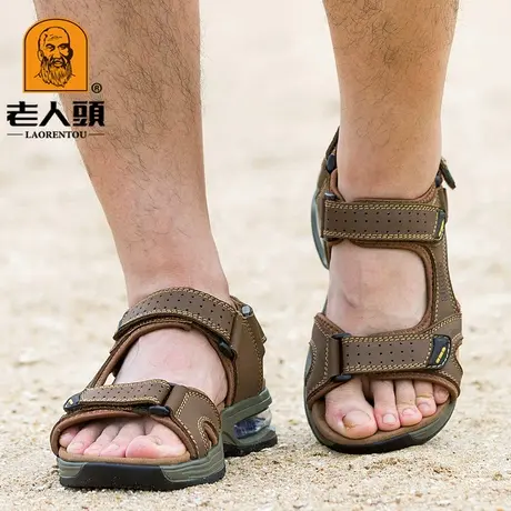 老人头凉鞋男2023夏季新款真皮软底休闲防滑厚底魔术贴透气沙滩鞋商品大图