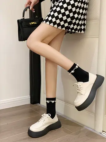 潮牌秋季英伦风小皮鞋女2023新款大头复古系带厚底中跟玛丽珍单鞋商品大图
