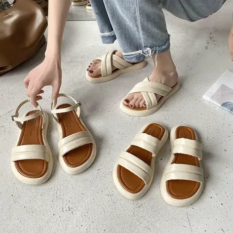 踩屎感一字带凉鞋女夏厚底仙女风露趾百搭舒适防滑白色休闲拖鞋女图片