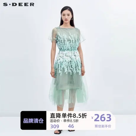 sdeer圣迪奥女装圆领绣花网纱收腰短袖连衣裙S223Z1236图片