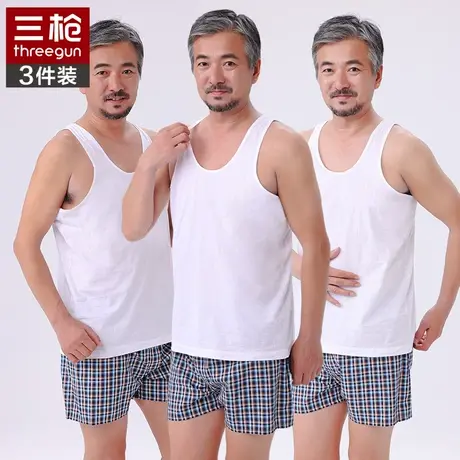 三枪中老年夏季弹力柔软纯棉亲肤男士内穿宽松汗布打底工字背心商品大图
