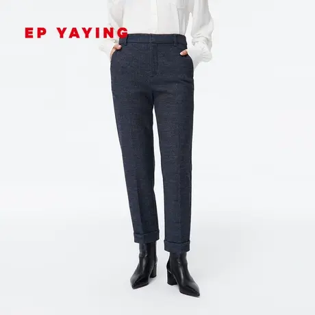 EP YAYING雅莹女装 人字纹羊毛修身卷边直筒毛呢裤 商场同款6422A图片
