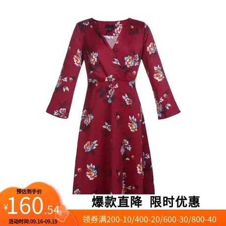 【艾格】印花连衣裙2022夏季新款女V领复古碎花收腰长袖过膝中长图片