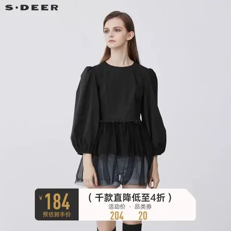 sdeer圣迪奥女装春秋装复古泡泡袖木耳边网纱中袖衬衫S21360533商品大图