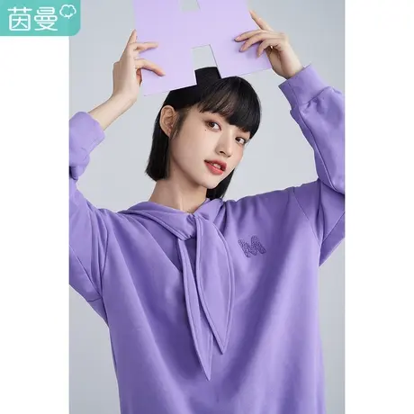 茵曼绑带连帽套头卫衣女2023春季新款宽松长春花蓝小个子纯色上衣图片