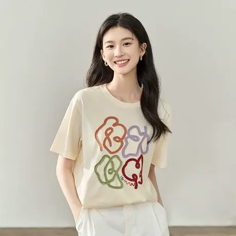 【商场同款】茵曼宽松短袖绣花T恤2023夏季女装新款休闲圆领上衣商品大图