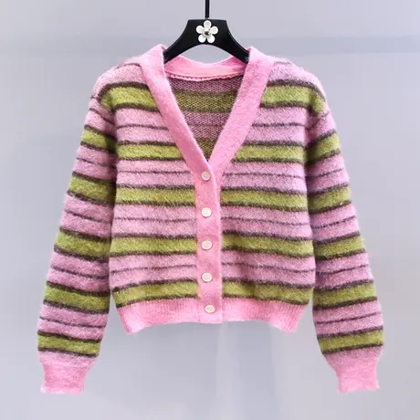 撞色条纹V领毛衣外套女秋冬2023新款复古温柔风短款长袖针织开衫商品大图