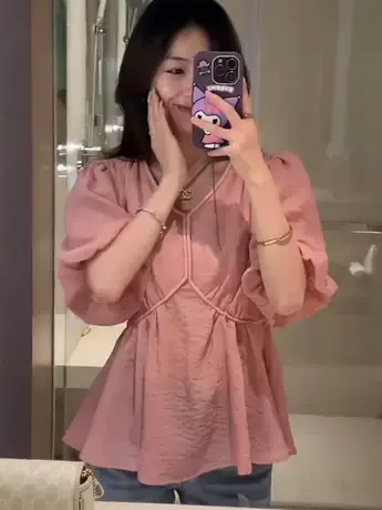 短袖衬衫女2023夏季新款韩版V领压褶时尚设计小众泡泡袖小衫上衣商品大图