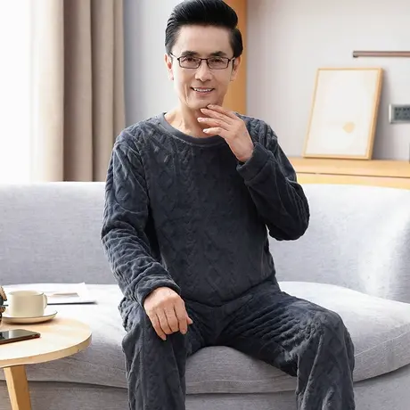 珊瑚绒男士睡衣秋冬季大码长袖中老年爸爸家居服套装新款法兰绒图片