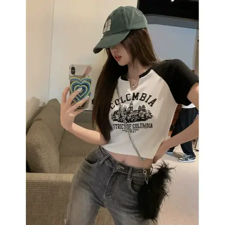 小众独特短款上衣女修身辣妹夏季高腰百搭体恤美式复古短袖t恤女商品大图