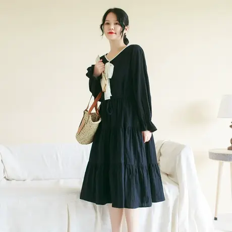 胖妹妹秋季2023新品蝴蝶结V领蛋糕裙 大码微胖复古肌理暗纹长裙商品大图