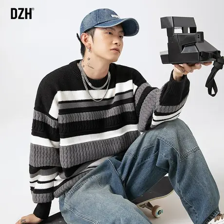 男士条纹毛衣男秋冬季2023新款圆领上衣慵懒针织衫休闲青少年线衣商品大图