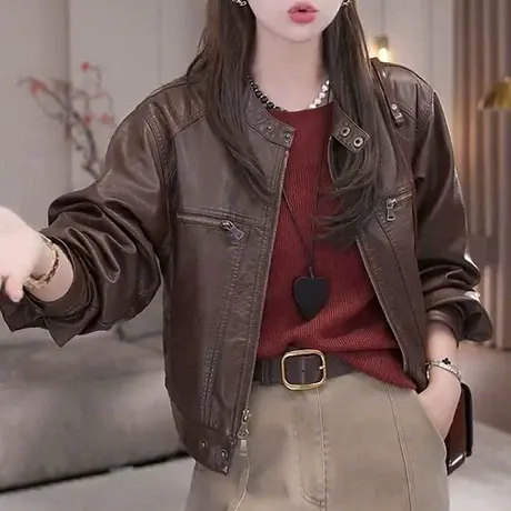 2025春秋新款美式复古宽松短款小个子机车PU皮衣外套女立领皮夹克商品大图