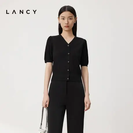 LANCY/朗姿2024夏季新款泡泡袖v领修身针织套头衫简约内搭短袖女商品大图
